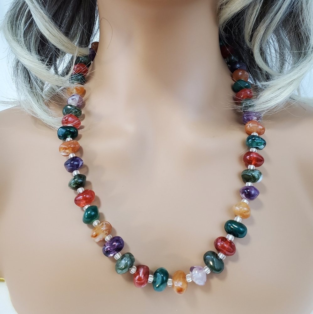 GORGEOUS AVON NUGGET TREASURE Beaded Necklace 23" orange green purple brown *